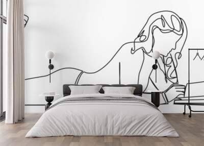 continuous single line drawing of woman on floor in prone position reading a book, line art vector illustration Wall mural