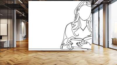 continuous single line drawing of woman sitting at table reading a book, line art vector illustration Wall mural