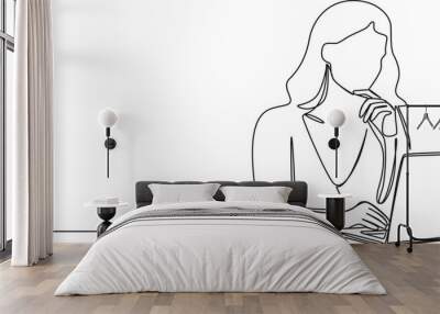 continuous single line drawing of woman using laptop computer, line art vector illustration Wall mural