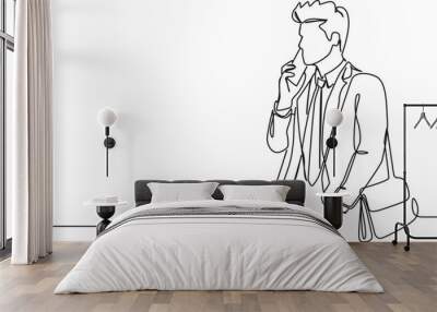 continuous single line drawing of young businessman talking on phone, line art vector illustration Wall mural