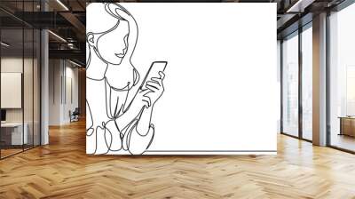 continuous single line drawing of young woman or teenager using smartphone, line art vector illustration Wall mural