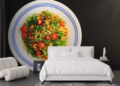 pasta plate with spaghetti with scampi, rucola and dried an fresh tomatoes Wall mural