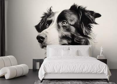 minimalist one-line pen drawing on white paper of a border collie, copy space, 16:9 Wall mural