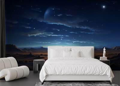 moonlit night in the sahara desert, with endless sand dune, camel caravan, copy space, 16:9 Wall mural