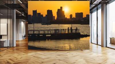 view from Odaiba, Tokyo, over the bay to the skyline of Tokyo at sunset Wall mural