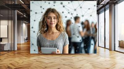 young student with electronic device in hand and headphones in front of a group of other students, lines show the network connections Wall mural