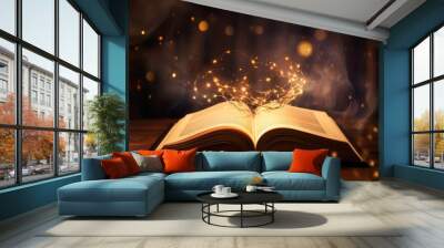 Old Book With Magic Lights On Vintage Table, magic, learning, copy space, 16:9 Wall mural