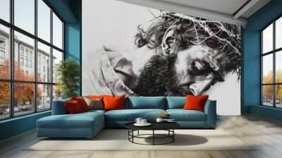 Prophet David, bible, Charcoal pencil drawing, white background, 16:9 Wall mural