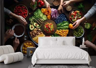 rainbow-colored spread of fresh vegetables, grains, and fruits, symbolizing the diverse options in a vegetarian diet Wall mural