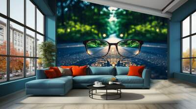 road leading to a source of light behind an eyeglass, with blur background, copy space, 16:9 Wall mural