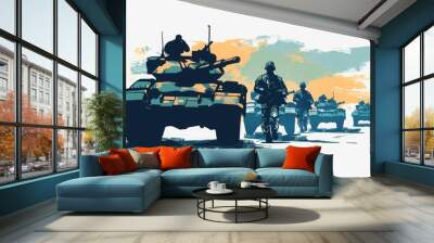 simple vector icon of soldiers an tanks, white background, concept: war, copy space, 16:9 Wall mural