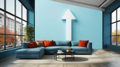 Single white arrow pointing upwards, light blue background, copy and text space, 16:9 Wall mural