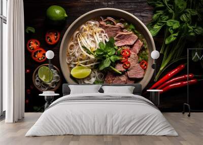 steaming bowl of Vietnamese Pho, this traditional noodle soup with thinly sliced beef, fresh herbs, and lime on the side Wall mural