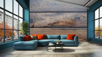 surface of a wooden table in wet rainy weather, copy space, 16:9 Wall mural