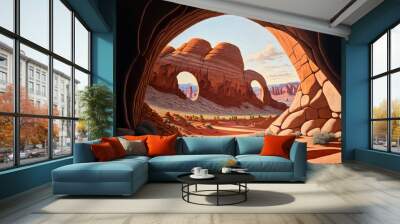 Three arches in the Utah desert, oil painting. Wall mural