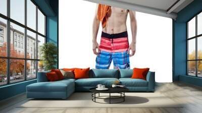 Vertical shot of a white Caucasian man wearing a swimsuit Wall mural