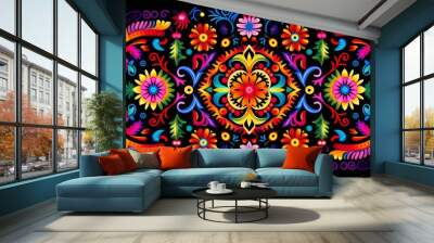 traditional colors mexican huichol pattern motives intricate 2d Wall mural