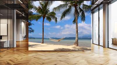 Two palm trees with a hammock on the beach - Gaya Island Malaysia Asia Wall mural