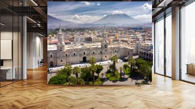 Aerial drone view of Arequipa main square and cathedral church, with the Misti volcano as background. Wall mural