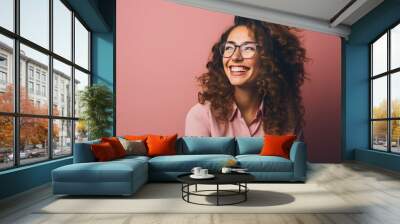 Young happy cheerful professional business woman, happy laughing female office worker wearing glasses looking away, copy space, 16:9 Wall mural