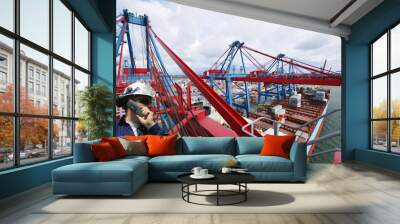 container-ship and busy port Wall mural