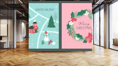 Collection of Winter Christmas wreath and house poster square layout vector illustration Wall mural