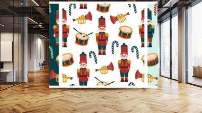 Merry christmas holiday cute drummer boy with drums and trumpet seamless pattern color variations set for fabric, linen, textiles and wallpaper Wall mural