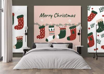 Set of modern christmas holiday vector seamless pattern and illustration socks design for fabrics, linen, decor and interiors Wall mural