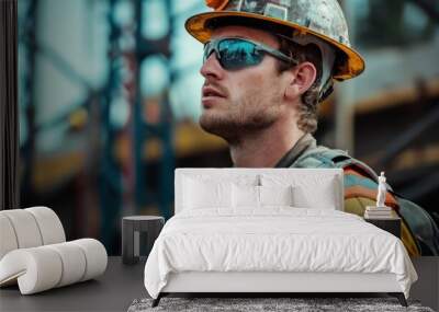 Portrait of a young male construction worker wearing safety helmet and safety glasses Wall mural