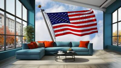 American Flag in front of Cloudy Blue Sky Wall mural