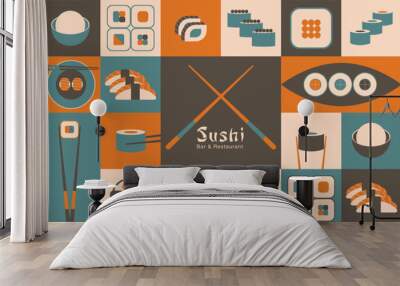 Sushi, Japanese food geometric banner for sushi bar, restaurant e t.c. Wall mural