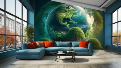 A digital Earth with glowing connections and lush greenery, symbolizing global networks and environmental sustainability. Ideal for technology, climate change, eco-consciousness, and global communicat Wall mural