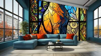 Artistic Beautiful Desginer Handcrafted Stained Glass Artwork of a Javanese cat Animal in Art Nouveau Style with Vibrant and Bright Colors, Illuminated from Behind (generative AI) Wall mural