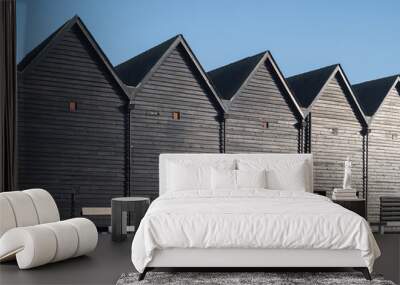 Iconic fishermen huts in black wood in Whitstable harbour, Kent, Uk, Wall mural