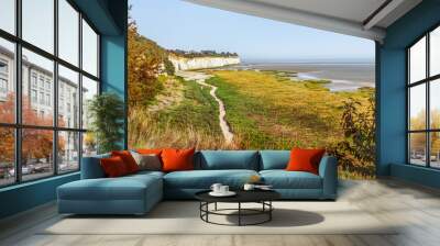 View across the nature reserve of Pegwell Bay, an inlet in the English Channel between Ramsgate and Sandwich, to white cliffs and the town of Pegwell. Wall mural