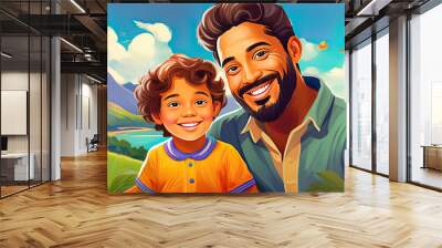 Father and young son illustration. They are smiling at the camera on a beautiful sunny day in an outdoor setting with flowers and the sea.  Wall mural