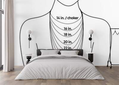 Necklace length chart showing various necklace lengths on a silhouette from 14 inches (choker) to 30 inches Wall mural