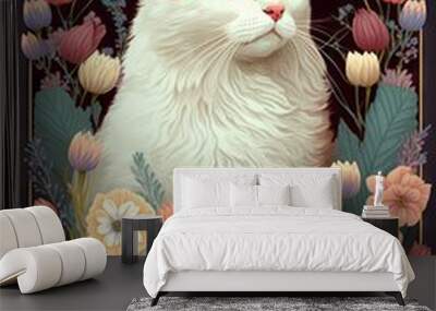 Stunning Pastel Turkish Van cat in a Floral Wonderland: A Scene of a Majestic Animal Surrounded by Delicate Flowers in a Soft and Dreamy Style with Beautiful Serenity Generative AI Wall mural