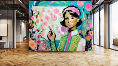 Woman in colorful scene pointing to a sign poster. Wall mural