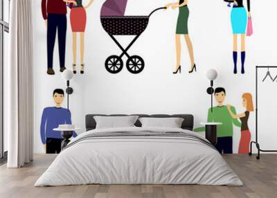 Happy family with a child, Mother, father and baby in the pram Wall mural