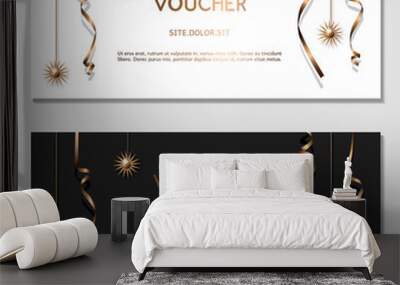 Horizontal gift golden festive design background with glitter and ribbons for invitation, voucher. For a banner, postcards. flyer, label, certificate, company card. Vector. Wall mural