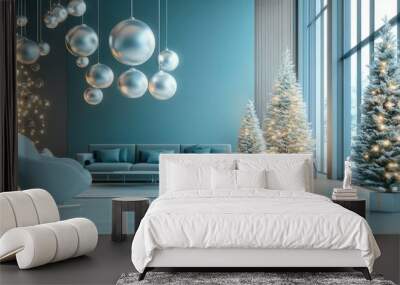 A beautifully decorated living room for Christmas, showcasing a cozy sofa adorned with white balls, a festive lamp, and a charming table that radiates holiday cheer. Wall mural