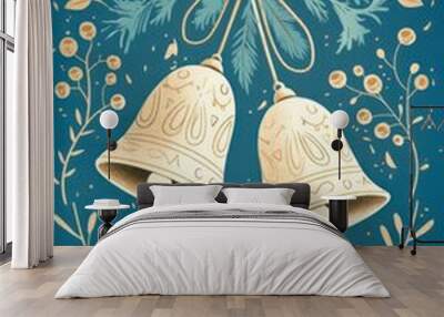 A festive Christmas bell, adorned with gold ribbons, hangs beautifully as a centerpiece for holiday decorations, set against a wintery blue backdrop, evoking cheerful celebration. Wall mural