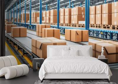 Cardboard boxes on conveyor belts and rows of boxes in a distribution warehouse Wall mural