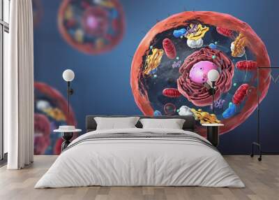 Components of Eukaryotic cell, nucleus and organelles and plasma membrane - 3d illustration Wall mural