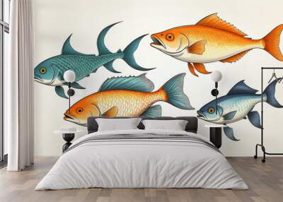 Illustrative and colorful depiction of fishes of different kind in color and shape in a drawn appearing style Wall mural