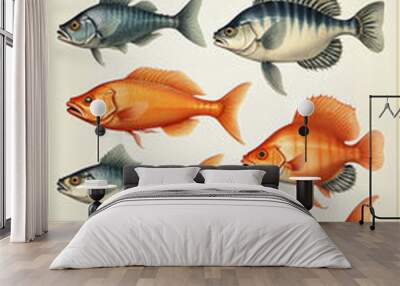 Illustrative and colorful depiction of fishes of different kind in color and shape in a drawn appearing style Wall mural