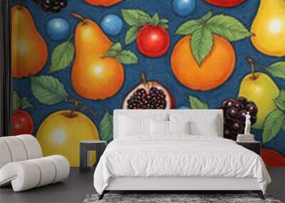 Illustrative and colorful representation of different fruits and leaves side by side Wall mural