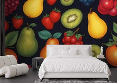 Illustrative and colorful representation of different fruits and leaves side by side Wall mural