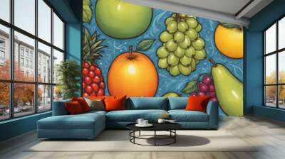 Illustrative and colorful representation of different fruits and leaves side by side Wall mural